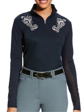 Ariat Piaffe Sunstopper Navy Blue 1/4 Zip Long Sleeve Top size XL embellished